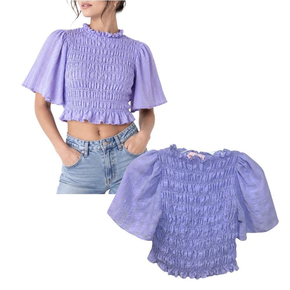 Lisa Says Gah 'Chiara' Smocked Crop Top, Gingham Pastel, Lilac Purple, Small